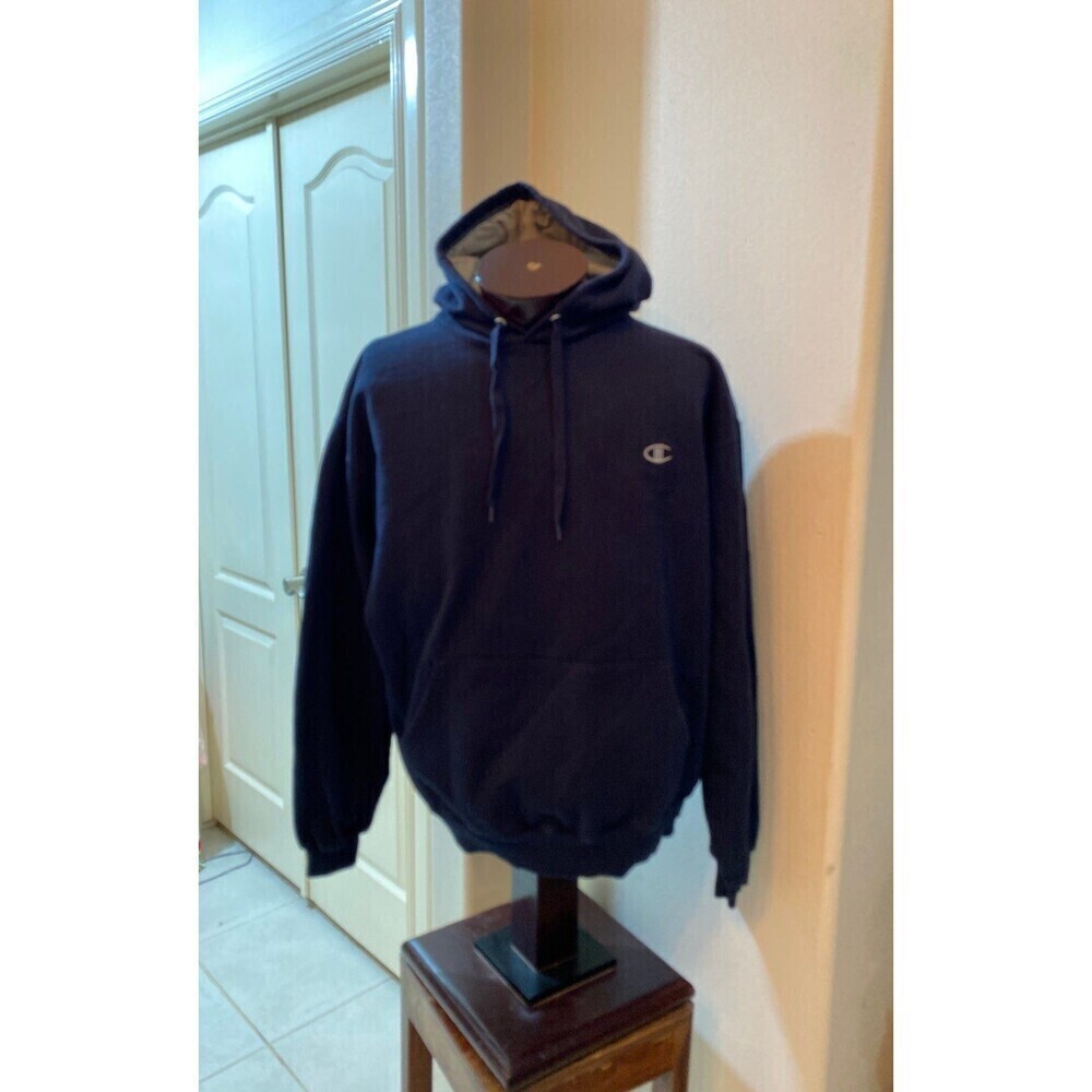 VINTAGE CHAMPION MENS HOODIE JUMPER NAVY BLUE SIZE X-LARGE